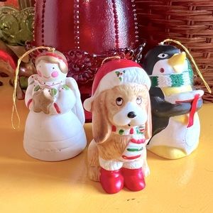 Vintage 1980s Taiwan Ceramic Bisque Bell And Figurine Christmas Ornaments